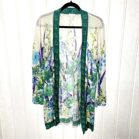 Chicos Botanical Border Brooke Cardigan Sz M/1 448 - Picture 1 of 7